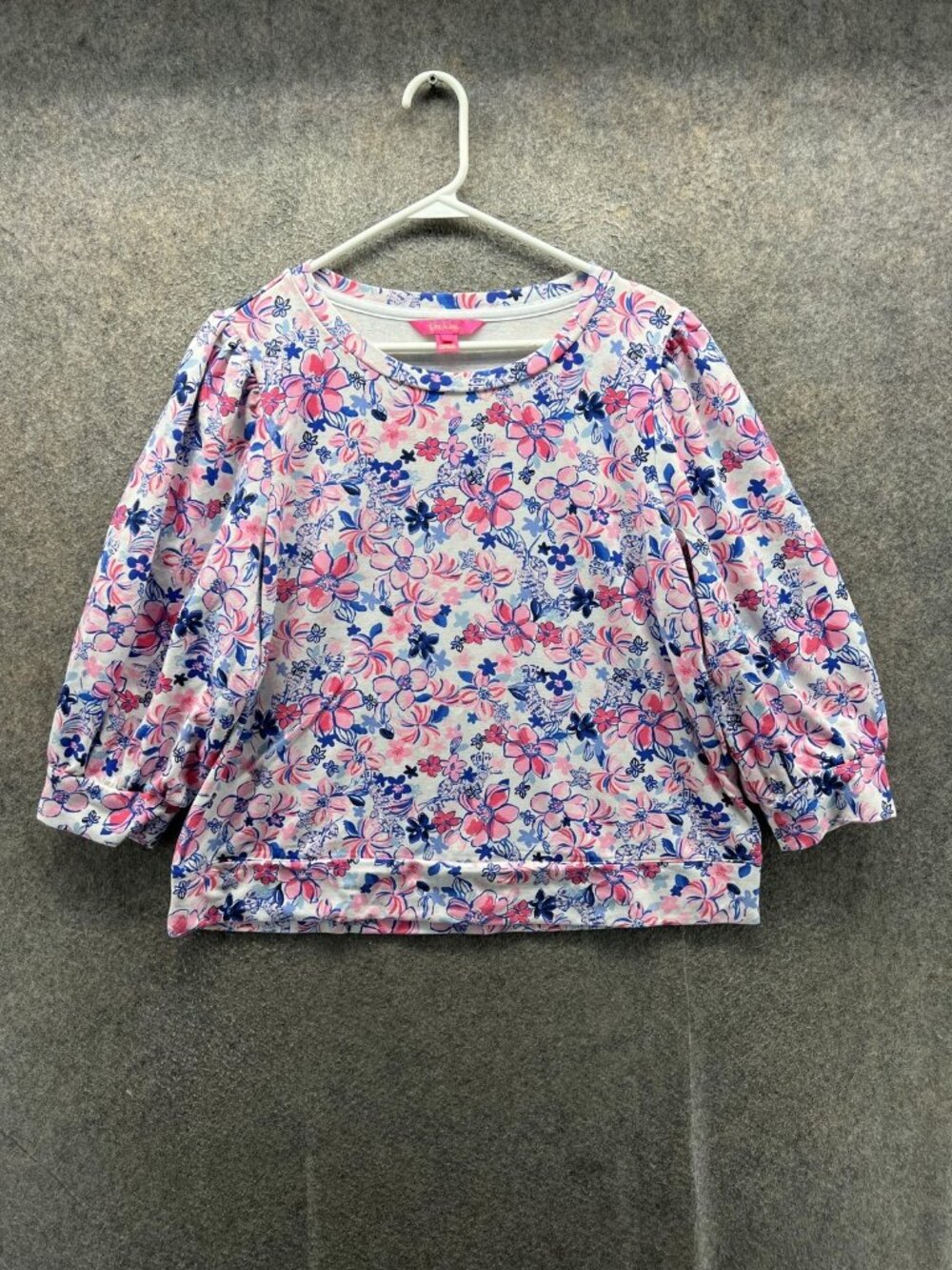 Lilly Pulitzer Shirt Women XL Pink Blue Floral 3/4 Balloon Sleeve Jersey Top